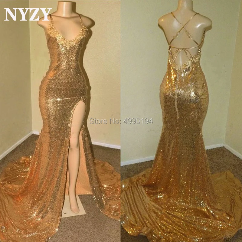 

NYZY P63 Sexy Backless High Slit Gold Prom Dress 2019 Long Mermaid Sequin Gown for Party Evening Graduation