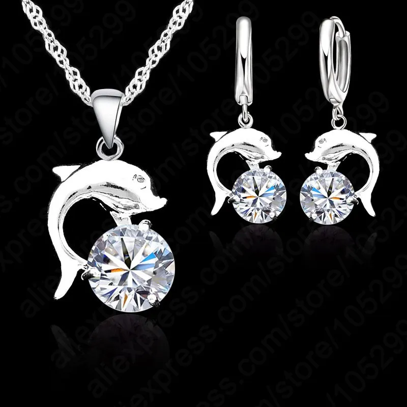 Lovely Dolphin Lever Back Pendant Necklace Earring Sets Trendy 925 Sterling Silver Color Zircon Jewelry Set for Women Girls Gift