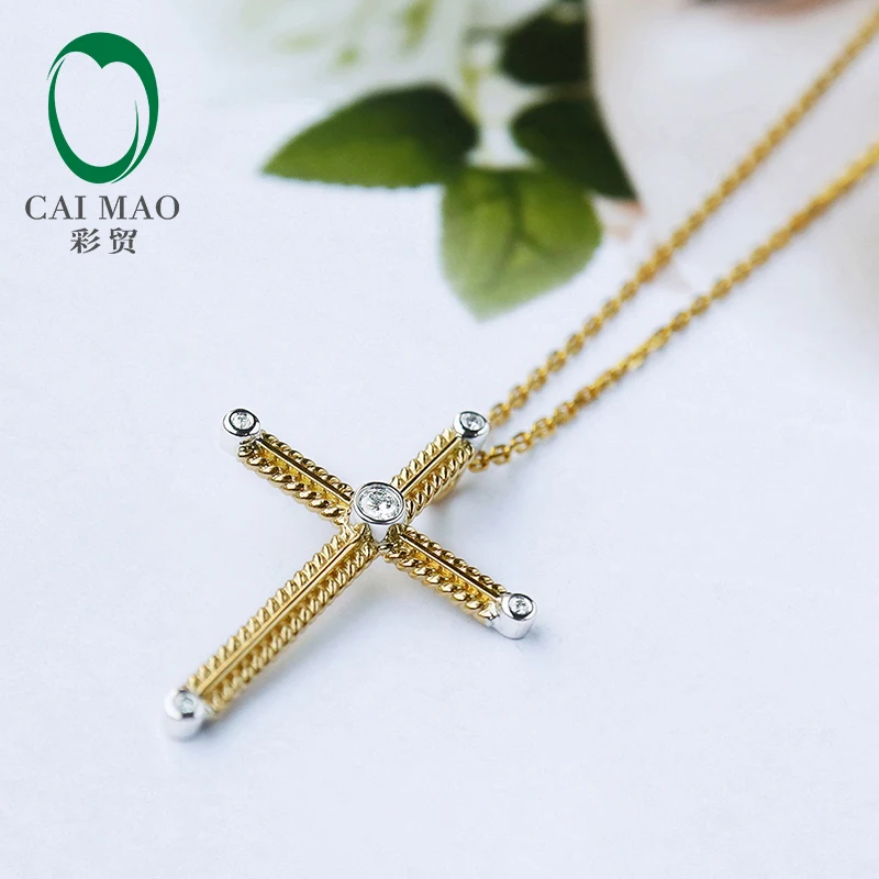 Caimao Natural Full Cut Diamonds 14kt Multi-Tone Gold Vintage Cross Pendant for Women Jewelry