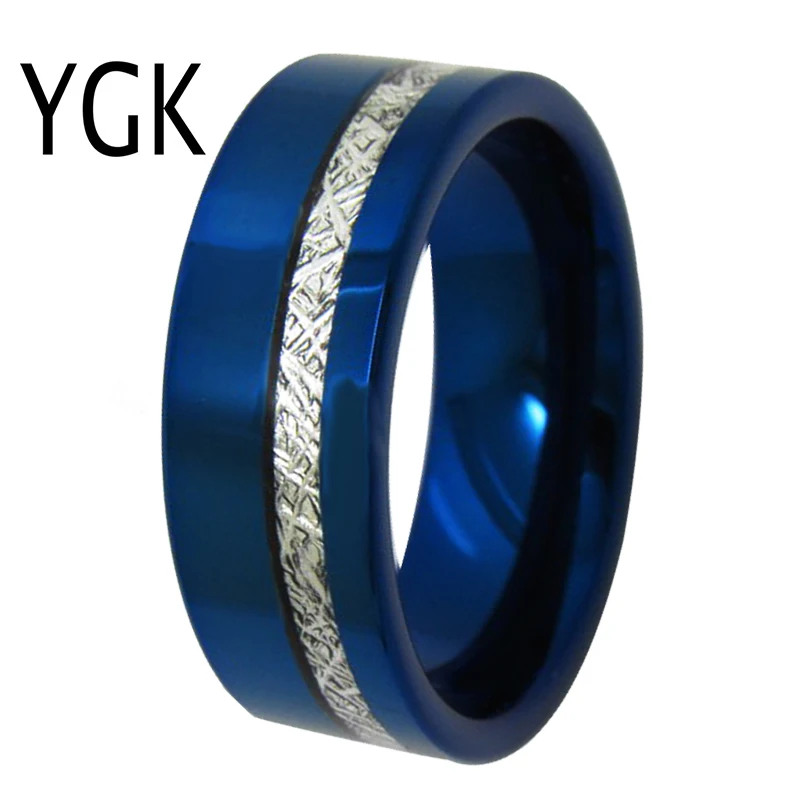 YGK Wedding Jewelry Blue Pipe Meteorite Inlay Classic Tungsten Rings for Men's Bridegroom Wedding Engagement Anniversary Ring