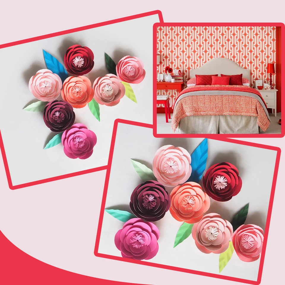 DIY Mini Paper Artificial Flowers Wedding Fleurs Artificielles Backdrop Artificial Rose 7PCS + 6 Leave Bedroom Wall Deco Hot Mix