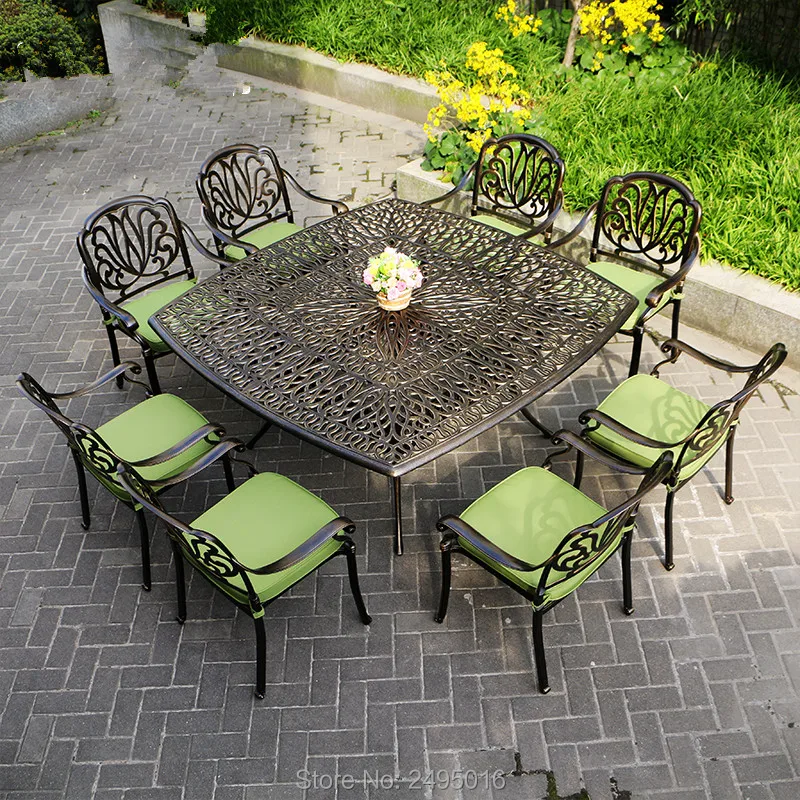 set 9-piece square big table cast aluminum dining set patio furniture garden Outdoor table set armrest chair all weather antrust