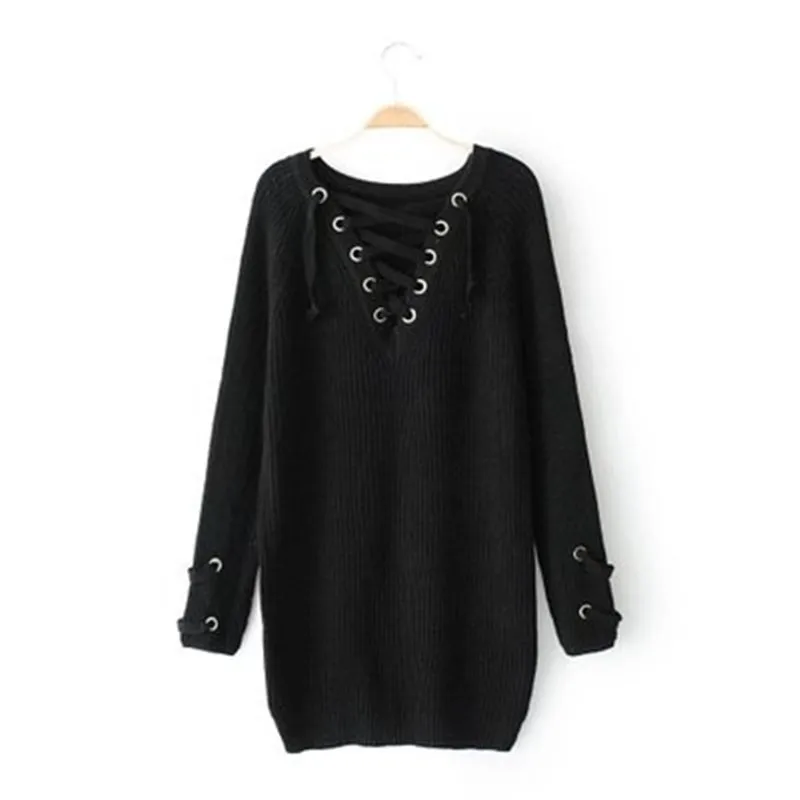 New 2020 Autumn Winter Sexy Lace Up Knitted Sweater Loose V-neck Long Sleeve Women Sweaters and Pullovers Outwear SW647