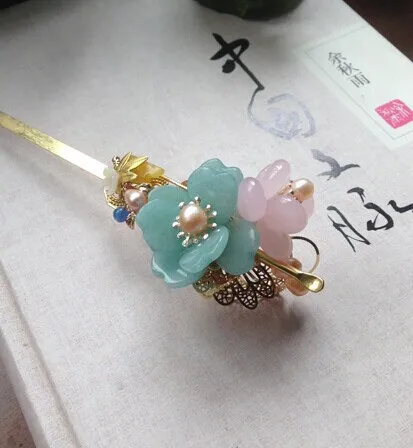 Amazonite Earpick Also Hair Stick Xie Yi Classical Hair Jewelry Hanfu Costume Accessory Jewelry (Earpick + Pinchcock)