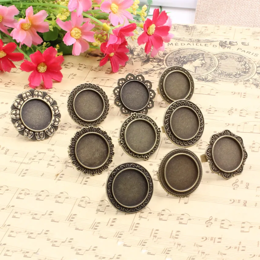 Fit 20mm Cabochons Mixed adjust Ring Metal Round Blank Setting Bezel Cabochon Ring Base For DIY Ring 10pcs/lot K05271