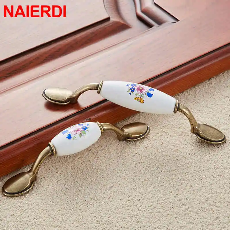 NAIERDI Antique Bronze Ceramic Cabinet Handles Zinc Alloy Drawer Knobs Wardrobe Door Handles Morning Glory European Handle