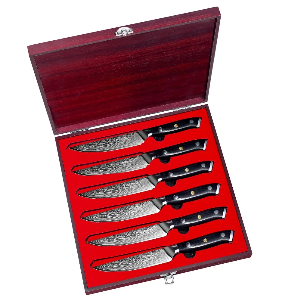 SUNNECKO 5'' Steak Knife 6PCS Set Damascus Japanese VG10 Steel Kitchen Knives G10 Handle High Quality Knife Gift Box Packaging