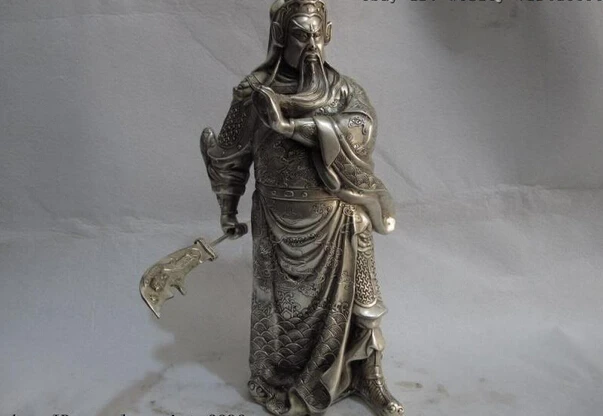 song voge gem S0774 14 China White Copper Silver Dragon Guan Gong GuanGong Hold Sword warrior Statue