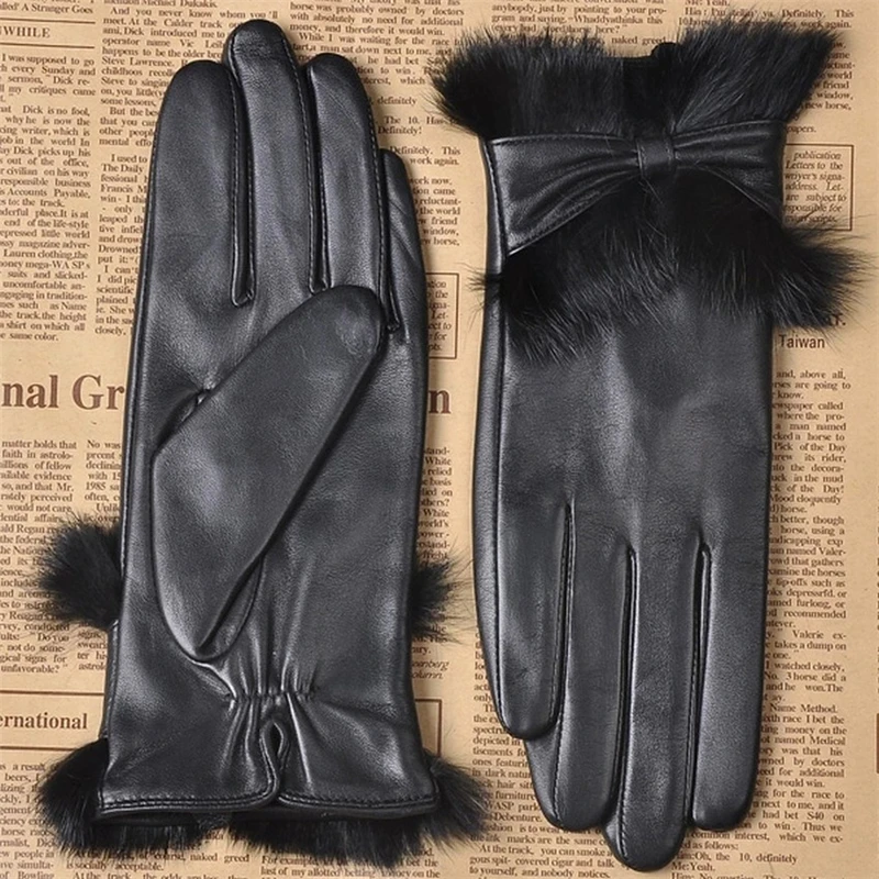 Gants de marque en cuir véritable pour femmes, tendance, en peau de mouton, poignet, poils de lapin, gants de conduite élégants pour dames, L149NN-5