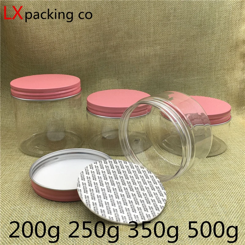 

20PCS 200ML 250ML 300ML 500ML Transparent Plastic Bottle Pink Aluminum Cover 6 8 10OZ 17OZ Candy Honey Cans Gift Packaging Bank