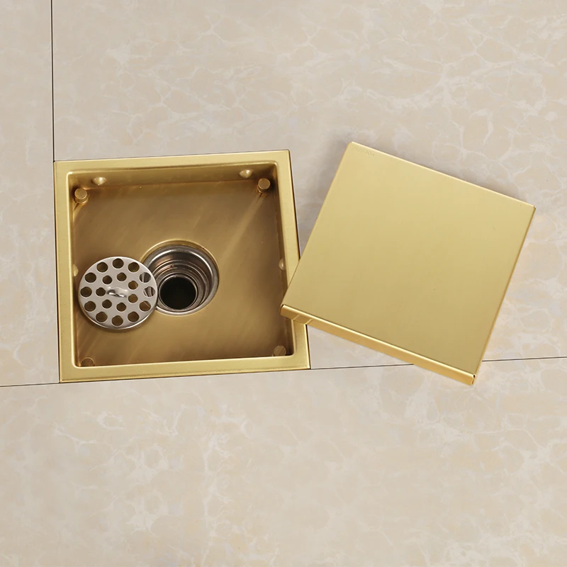 High quality gold 304 solid stainless steel 150 x 150mm square anti-odor floor drain  bathroom invisible golden shower drain