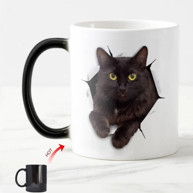 Funny Black Cat Color Change Coffee Mug Tea Cups Novelty 3D Cats Kitten Mugs Cups Creative Kitten Animal Pet Birthday Humor Gift