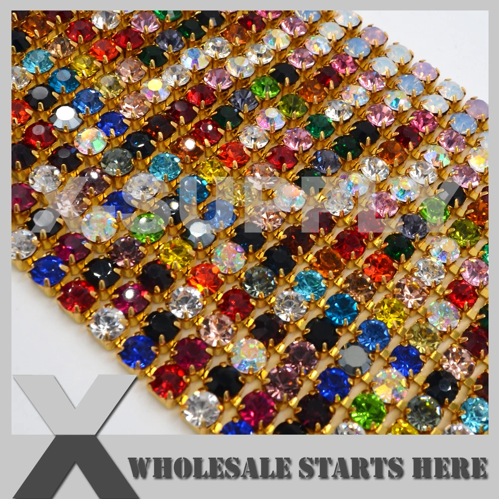 

SS28(6mm) GOLD Close Dense Crystal Rhinestone Cup Chains,Mixed Colors,Used for Weddings,Shoes,Clothing Decorations