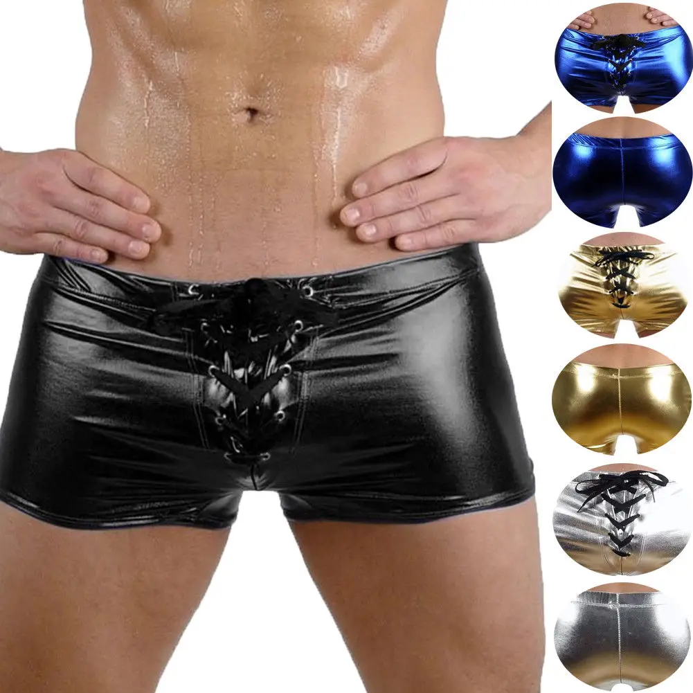 New Sexy Men Zipper PVC Latex Underpants Shorts Wetlook Patent Leather Shorts Underwear Drawstring Swimwear Male Boxers Shorts