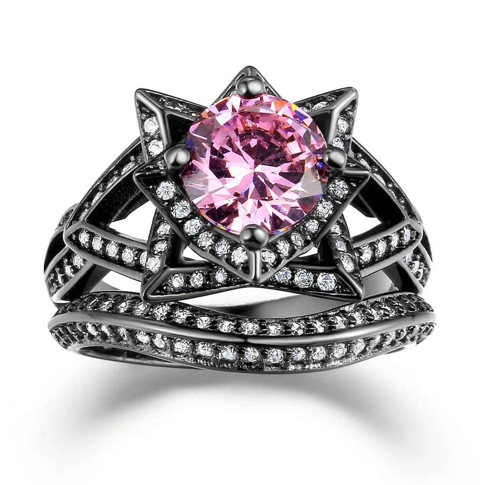 

Top quality design black Gold Color ring with pink cz promise engagement ring flower large fashion for women size 5 6 7 8 9 10