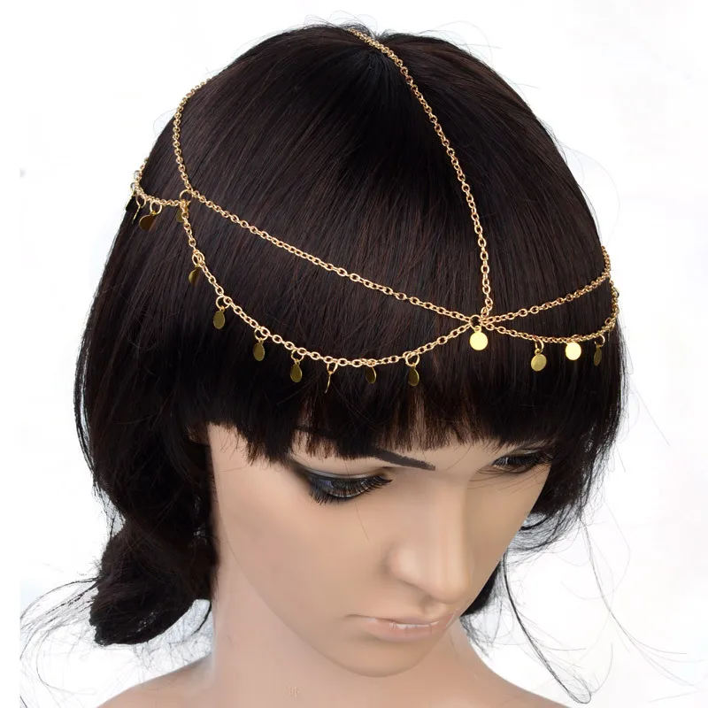 Women Metal Head Chain Hairpiece Headband Fashion Jewelry Multilayers Tassel Round Pendant Head Chain Hair Accessories Jewelry