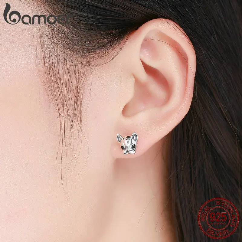 BAMOER 100% 925 Sterling Silver Loyal Partners French Bulldog Dog Animal Small Stud Earrings for Women Oorbellen Jewelry SCE283