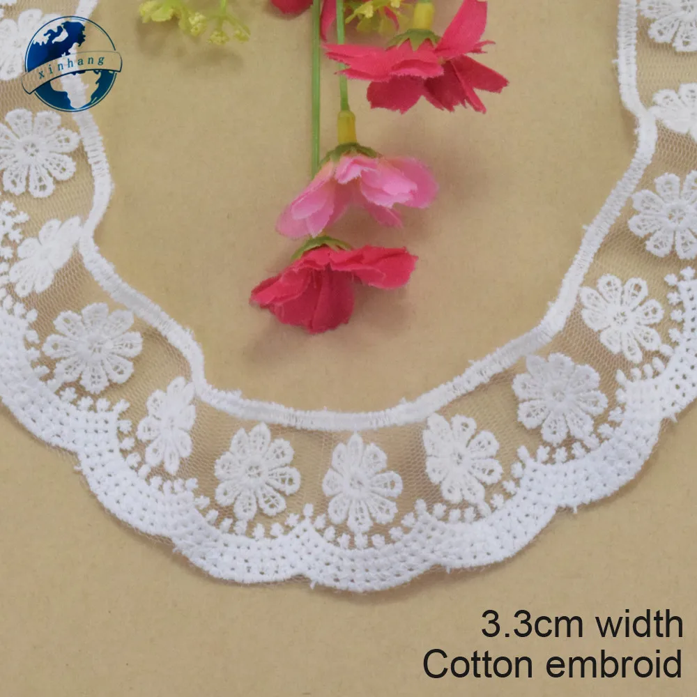 3.3cm Width White Cotton Embroided Lace Ribbon Guipure Trim DIY Wedding Accessories Dolls African French Lace Applique#2883