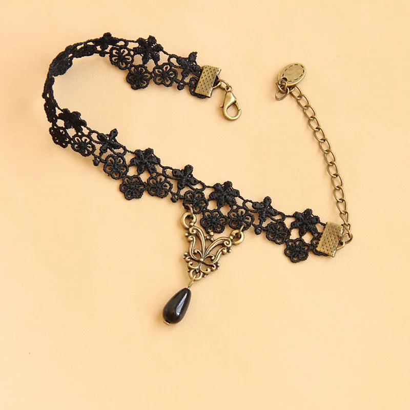 خلخال إمرأة مثير القوطية سبائك البرونز الخرزة قطرة زهرة الأسود الدانتيل الكاحل سوار بيرفوت الصنادل خمر الرجعية مجوهرات للقدم