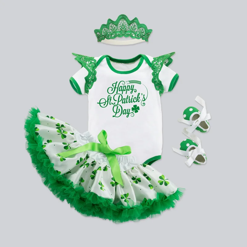 ST Patrick's Day Costume Baby Girls Outfit Bebe Kids Lace Romper Tutu Jumpsuit Overall Children Baby Infant Clothing 2PCS White