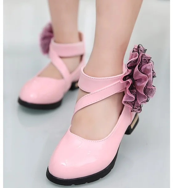 2018 new style sweet flower girl leather shoes girls shoes, kids leather shoes for girls Black / red pink girls princess shoes