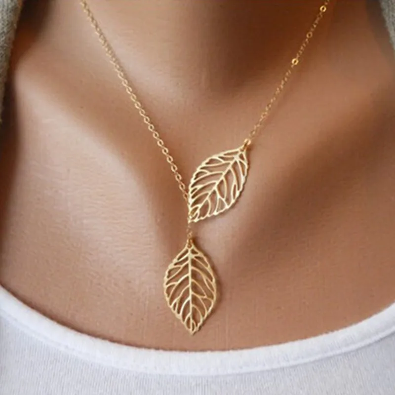 New Double Leaves Women Clavicle Necklace Silver Color Leaf Pendants Necklaces Collares Fashion Jewelry bijoux femme