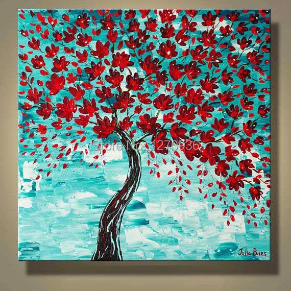 Red Maple Tree Covered with Pale Green Dotted Throughout The Blue Sky Wall Painting for Decor Handmade Oil Painting on Canvas