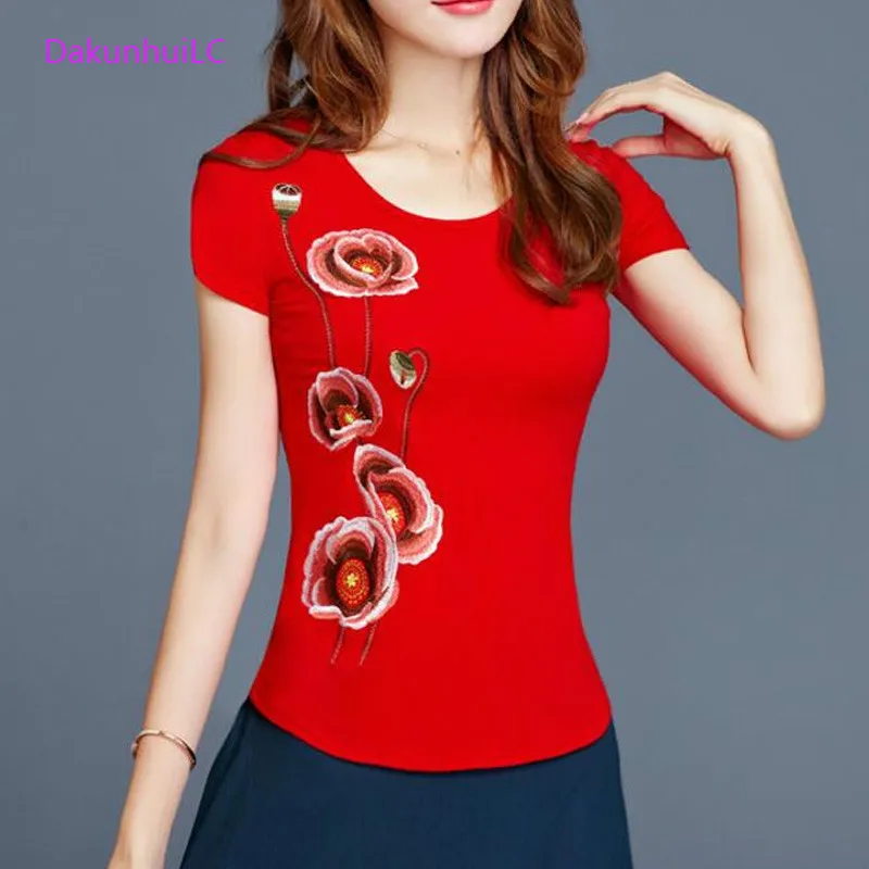 Embroidery Summer T-Shirt Women Short Sleeve Casual T Shrit Lady O-Neck Cotton Tees Tops Female 5XL Brand Clothing