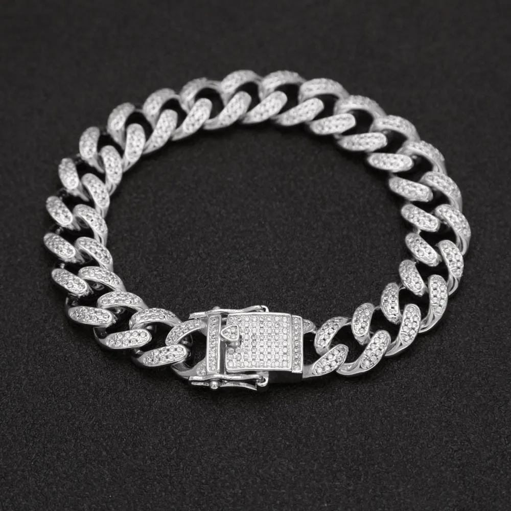 12MM Men Steel Cuban Miami Link Chain Necklace Bracelet Full CZ Dragon Clasp Lock Men Hip hop Bling CZ Chain Jewelry Sets