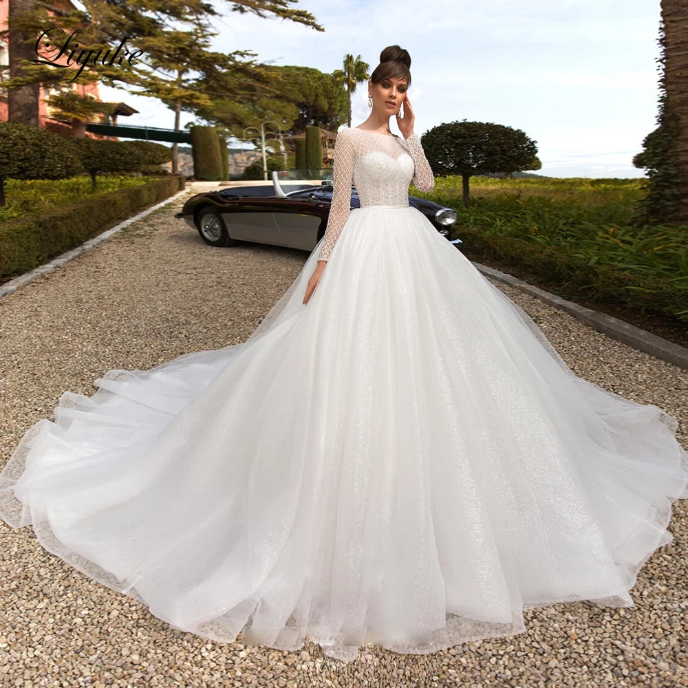 

Liyuke Vintage Criss-Cross Beading Pearls A-Line Wedding Dress With Full Sleeve Wedding Gown Custom Made