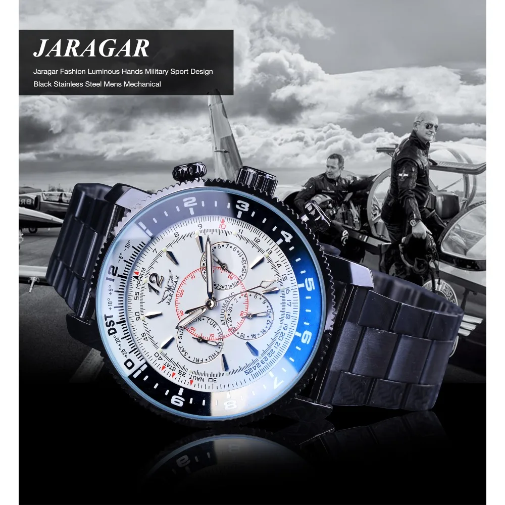 Jaragar Fashion Three Small Dial Date Week Hour Display Black Bracelet Men\'s Automatic Watches Luminous Hands Military Clock