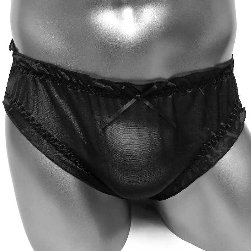 Sissy Bikini bragas de seda transparente con volantes para Hombre Ropa interior ropa interior Sexy Lencería brillante Gay hombre calzoncillos bolsa