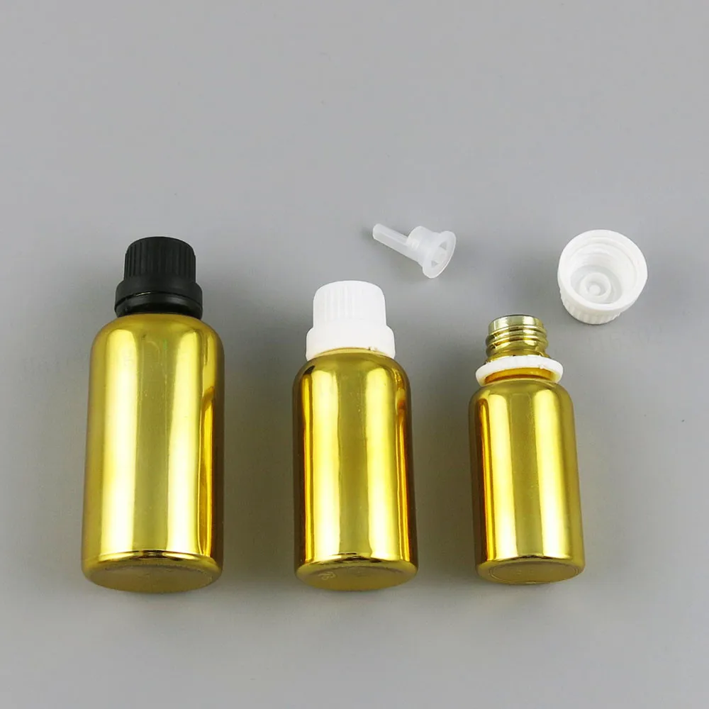 12 x New Design 5ml 10ml 20ml 30ml 50ml 100ml Refillable Gold Glass Bottle With Tamper Evident Lids 1OZ Glass Cosmetic Container