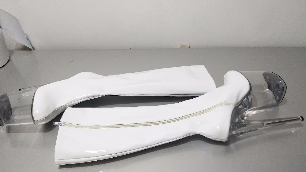 نمط جديد كعب عالٍ 20 سم، أحذية جلدية وأحذية مثيرة تصل إلى الركبة، أحذية كريستالية سميكة مقاومة للماء