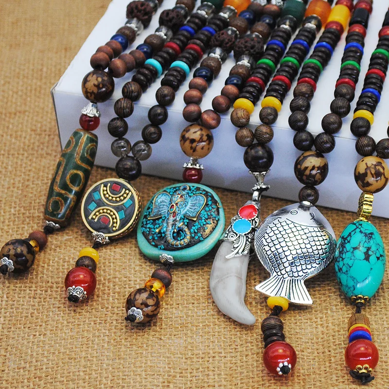 Vintage Nepal Long Buddhist Mala Wood Beaded Pendant & Necklace Ethnic Bohemian Boho Buddha Lucky Jewelry for Women Men