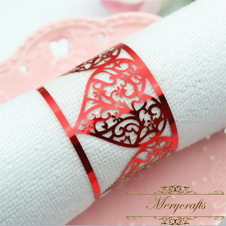 

300 pieces/lot metallic paper laser cut heart napkin rings for wedding