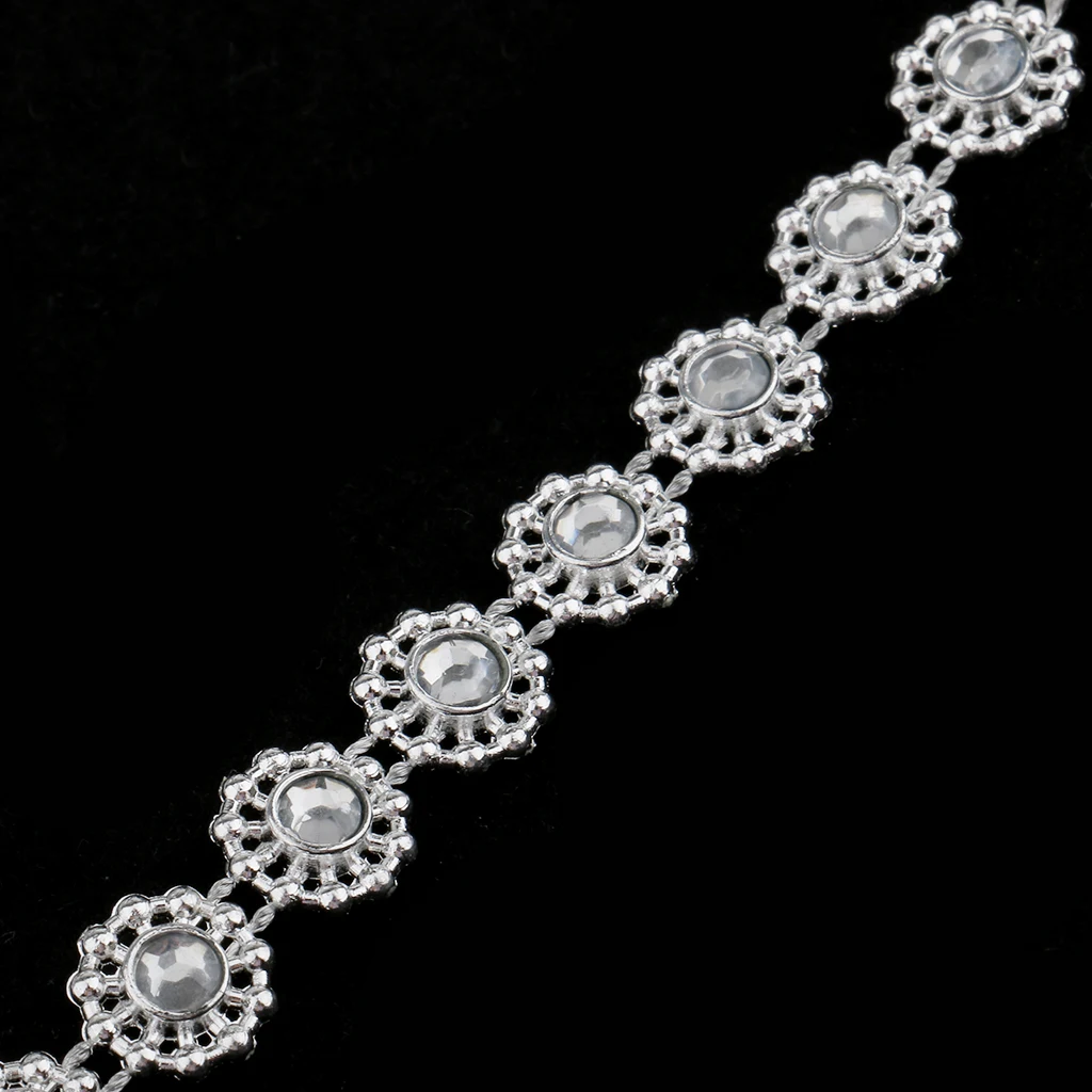 9.1 Meters Diamante Silver Flower Crystal Beaded Chain Ribbon Trim for Wedding Gift Wrapping Decoration