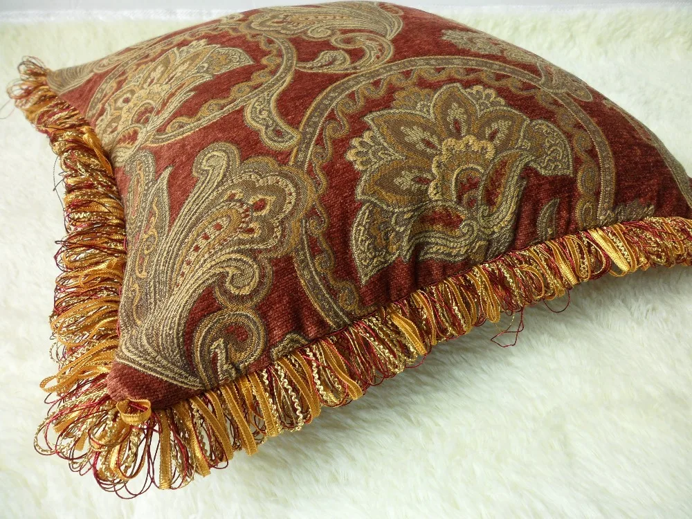 American Paisley Woven Classic Chenille Brick Red Pillow Cover Decorative Cushion Cover Square Pillow Case With Fringe 45x45cm