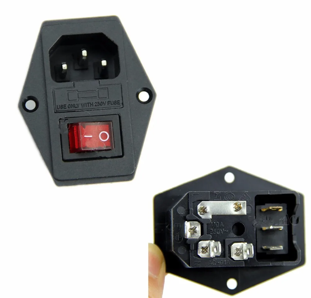 1PCS Black Red AC 250V 10A 3 Terminal Power Socket with Fuse Holder