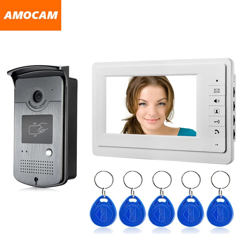 

7 inch LCD Monitor Video Door Phone System wired video intercom doorbell IR Night Vision Cameras with 5pcs ID Keyfobs unlock