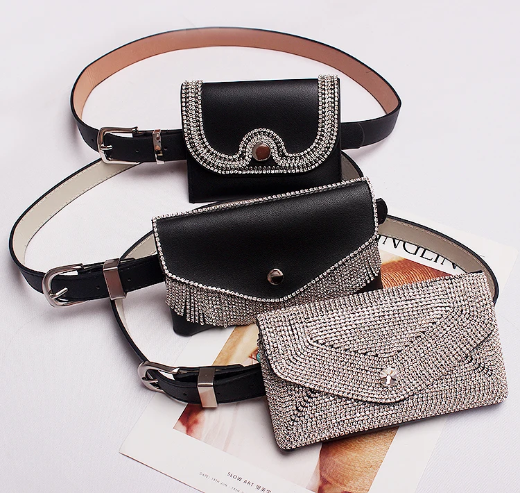 New Fashion Waist Bag Glitter Full Diamond Dark Buckle Pu Leather Belt Pockets Belt Ladies Dual-use Three Optional Tide Bag 729