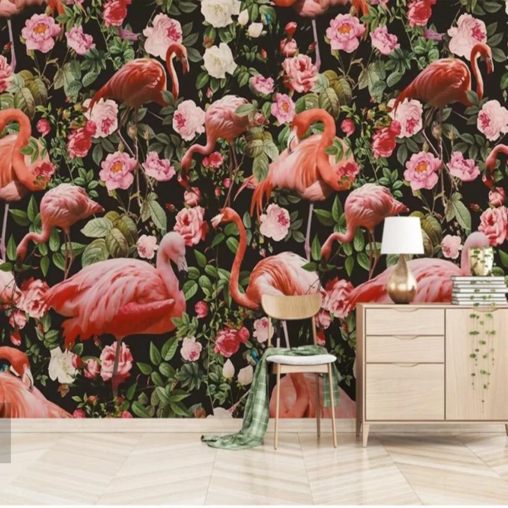 

Custom Flamingo Rose Flower Wallpaper Mural 3D Printed Photo Wall Murals for Living Room TV Backdrop Hand Painting Floral