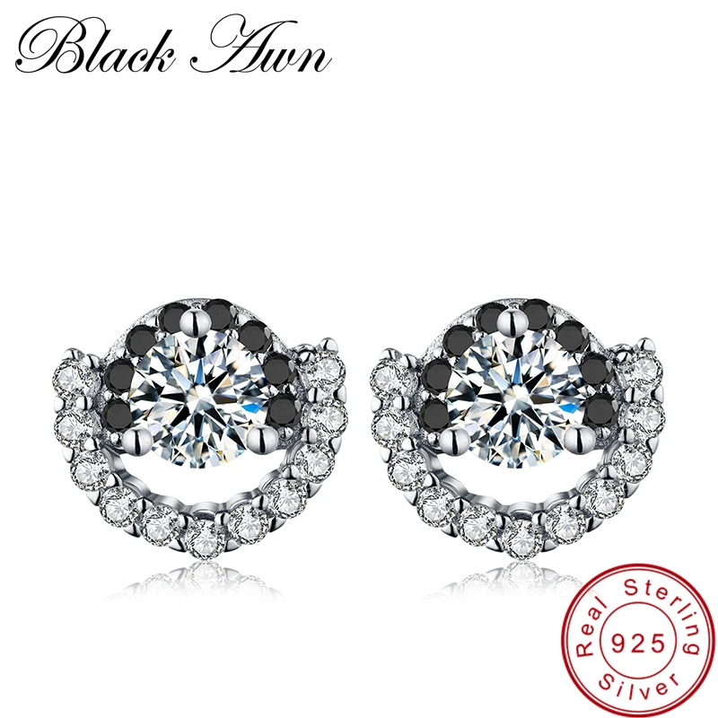 

[BLACK AWN] Genuine 2.5g 925 Sterling Silver Earring Fine Jewelry Black Spinel Engagement Stud Earrings for Women T075