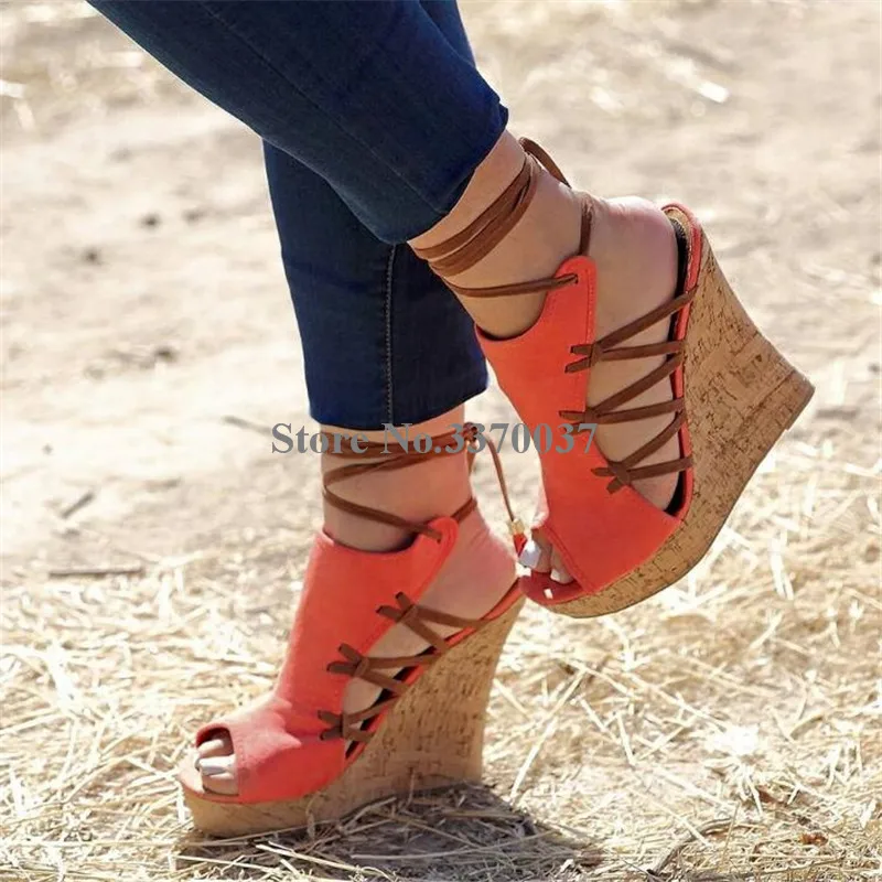 Summer Ladies Cute Peep Toe Suede Leather High Platform Wedge Sandals Lace-up Orange Blue Cut-out Height Increased Wedge Sandal