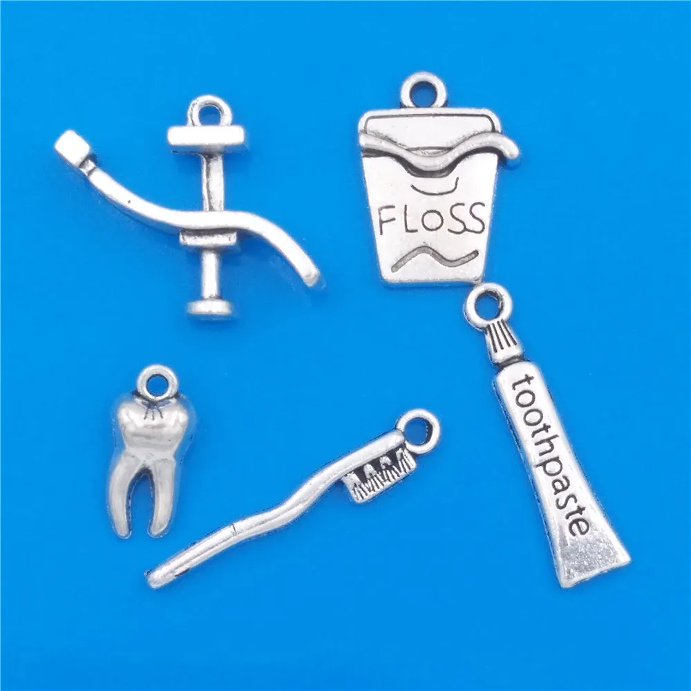 MIXED 30 Dental Hygienist Collection Charm Antique Silver Plated Dentist Chair Floss Tooth Toothpaste Pendant diy Jewelry Making