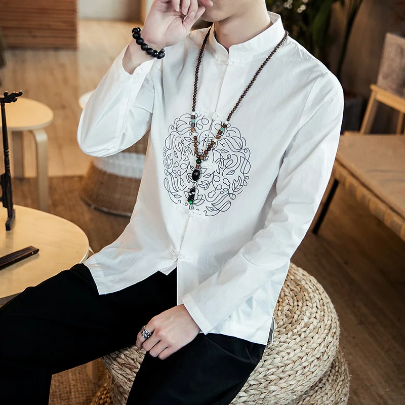 Traditional Chinese Clothing For Men Cotton Linen  Shirts White Embroidery Kung Fu Tai Chi Hanfu Male China Style Tops CN-024