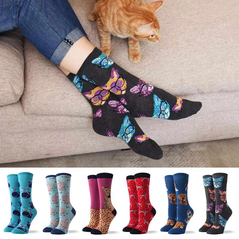 COSPLACOOL Animal Pattern Funny Socks Mermaid Pug Cotton Crew Cute Socks Women Happy Sheep Novelty Socks Female Calcetines Mujer