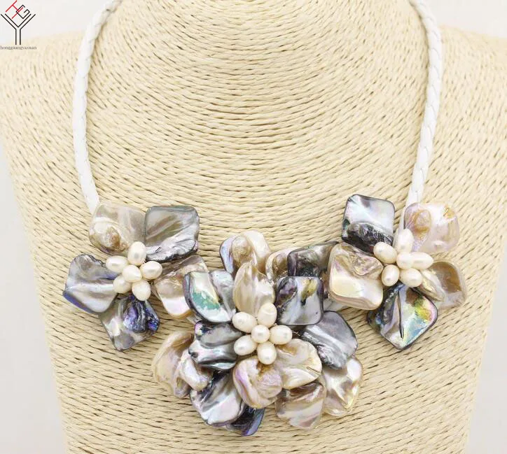 3 flowers pendant Women Jewelry natural white pearl champagne gray mixed shell mother of pearl necklace white leather 18\