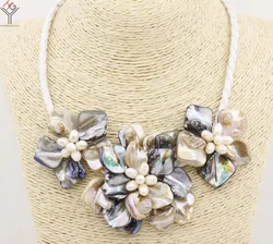 3 flowers pendant Women Jewelry natural white pearl champagne gray mixed shell mother of pearl necklace white leather 18