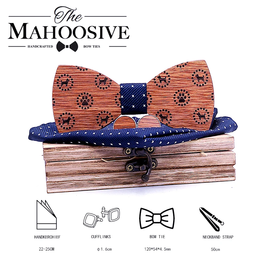 Wood bow tie Solid Business bowtie men vintage Dog Printed wood bow tie pocket square handkerchief cufflinks With box Set